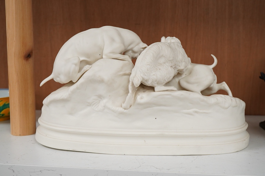 After Pierre-Jules Mene (1810-1879), a parian group, 'Le Chasse au Lapin', 31cm